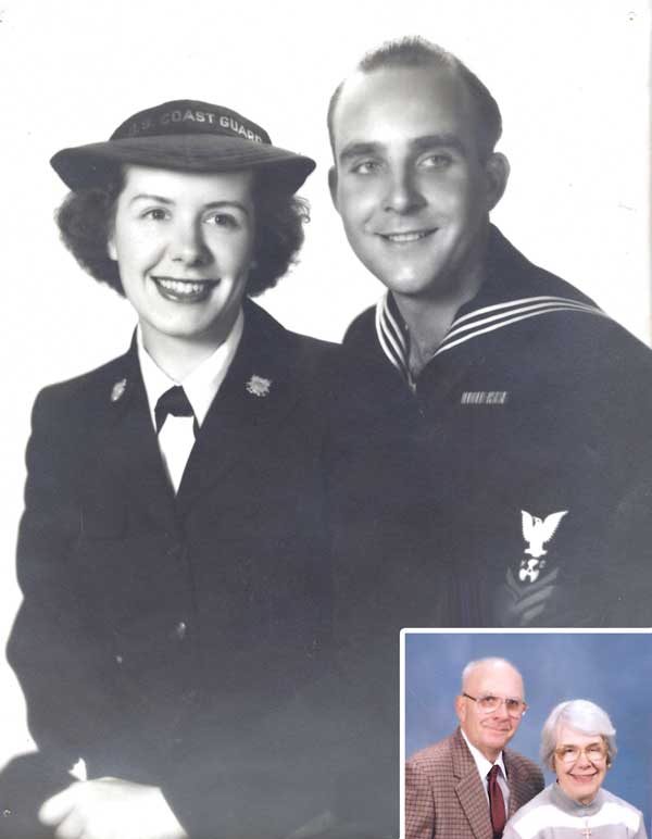Mr. & Mrs. Hillenbrandt when they were young in the military with an inset photo of them when they are older.